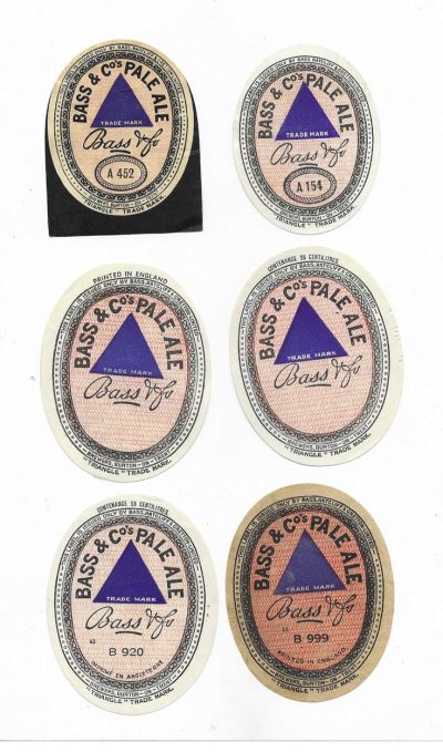 BASS - 6 DIFFERENT BLUE TRIANGLE - BOTTOM TWO ARE B 920 & B 999 - TO CLEAR