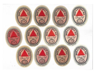 BASS PALE ALE - RED TRIANGLE - 12 DIFFERENT NUMBERED LABELS - ALL SMALLER SIZE - APPROX. 72mm TALL