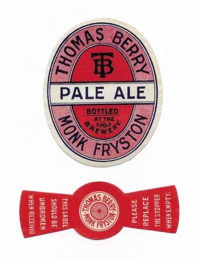THOMAS BERRY - PALE ALE - MONK FRYSTON - AND STOPPER LABEL.