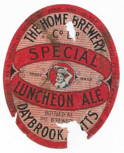 HOME BREWERY - 109mm TALL - LUNCHEON ALE - TATTY BUT SCARCE