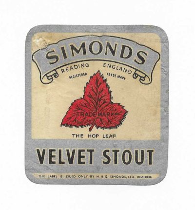 SIMONDS OF READING - VELVET STOUT - FAIR - HAS HOLE TOP LEFT