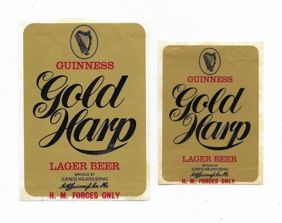 GUINNESS  - MALAYSIA - GOLD HARP - H.M. FORCES ONLY - LARGE IS 113mm TALL - SEE 2 PICS