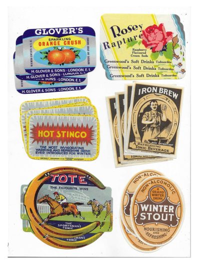 GROUP OF OLD SOFT DRINKS LABELS - INC. GREENWOOD'S , GLOVER , DUCKWORTH