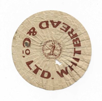 WHITBREAD - CRIMPLED LABEL FOR TOP OF BOTTLE AND NECK - 95mm - CREASES - HOLE - FAIR - SEE BOTH PICS