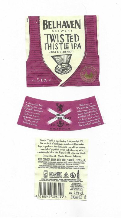 BELHAVEN BREWERY - DUNBAR - TWISTED THISTLE IPA  - SOAKED OFF BOTTLE