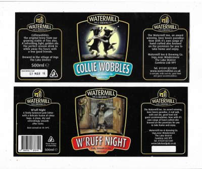 3 STICKER TYPE LABELS - WATERMILL - STUCK DOWN ON PAPER - DOG RELATED - SHIH TZU FACED - W'RUFF NIGHT - COLLIE WOBBLES