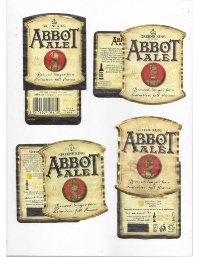 GREENE KING - 4 DIFFERENT ABBOT ALE LABELS - SOAKED OFF BOTTLES - FAIR / GOOD