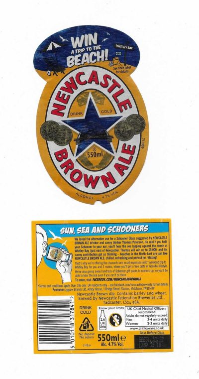 NEWCASTLE BROWN ALE - TRIP TO THE BEACH - 103mm TALL - SOAKED OFF BOTTLE - FAIR