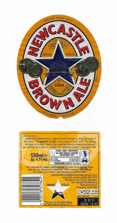 NEWCASTLE - BROWN ALE - 'DID YEE KNAR' - MAIN LABEL 104mm TALL - TAKEN OFF BOTTLE - FAIR