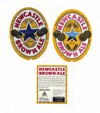 NEWCASTLE - BROWN ALE - 2 DIFFERENT BRIDGE PICS IN BLUE STAR - 88mm TALL - TAKEN OFF BOTTLES