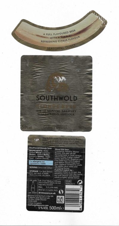 ADNAMS OF SOUTHWOLD - SOUTHWOLD BLONDE - USED - SOAKED OFF BOTTLE