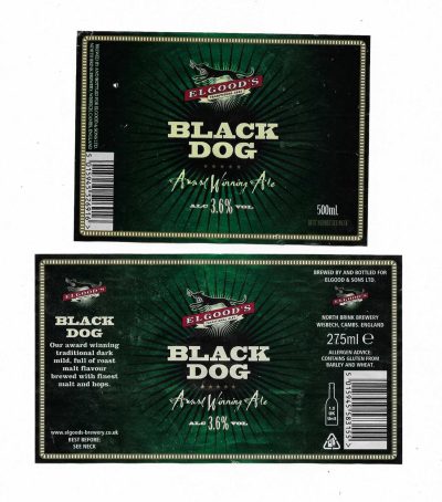ELGOOD - MODERN PAIR - BLACK DOG - TAKEN OFF BOTTLES - USED - FAIR