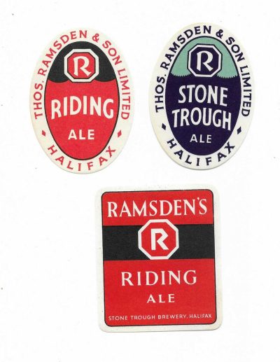RAMSDEN OF HALIFAX  - RIDING ALE & STONE TROUGH ALE - 3 OLD LABELS - 1950'S - VGC