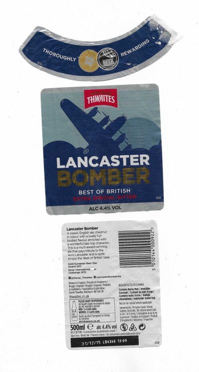 THWAITES - LANCASTER BOMBER - USED - TAKEN OFF BOTTLE - FAIR ONLY