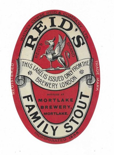 WATNEY COMBE REID - MORTLAKE BREWERY - VERY LARGE LABEL - 138mm TALL - FAMILY STOUT - c1912 - SMALL TEAR / HOLE LEFT SIDE